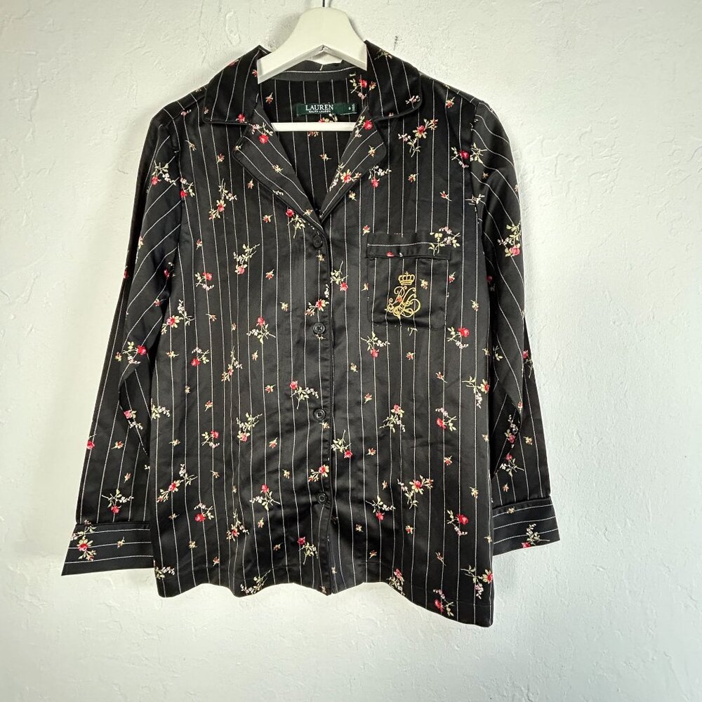 Lauren Ralph Lauren Womens Floral Pinstripe Pajama Top Shirt Small Black Pocket